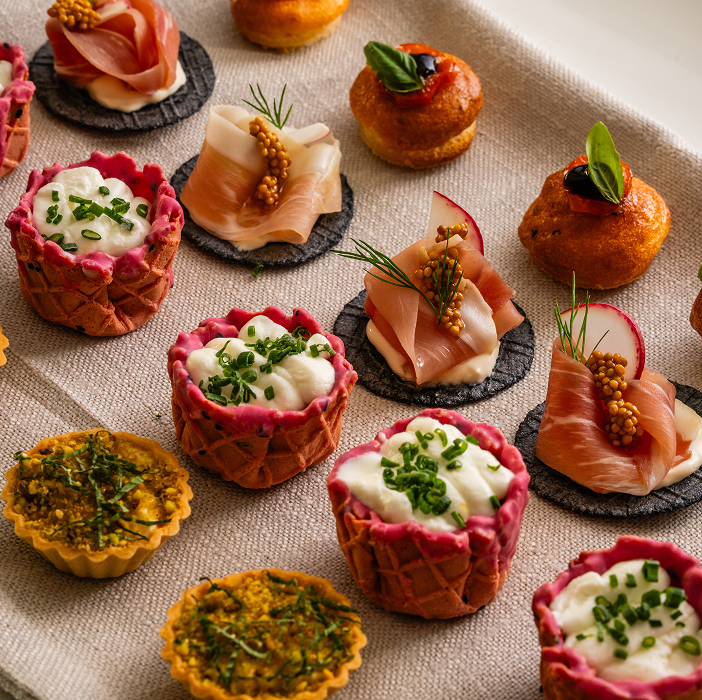 Bright, bold, and delicious canape close ups at Newport engagement party catering