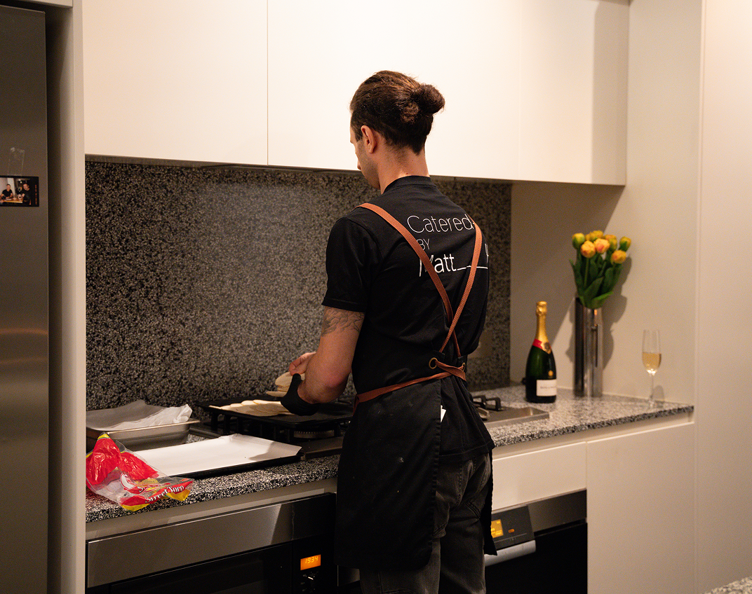 Chef Vinnie prepping dishes for Crows Nest catering event