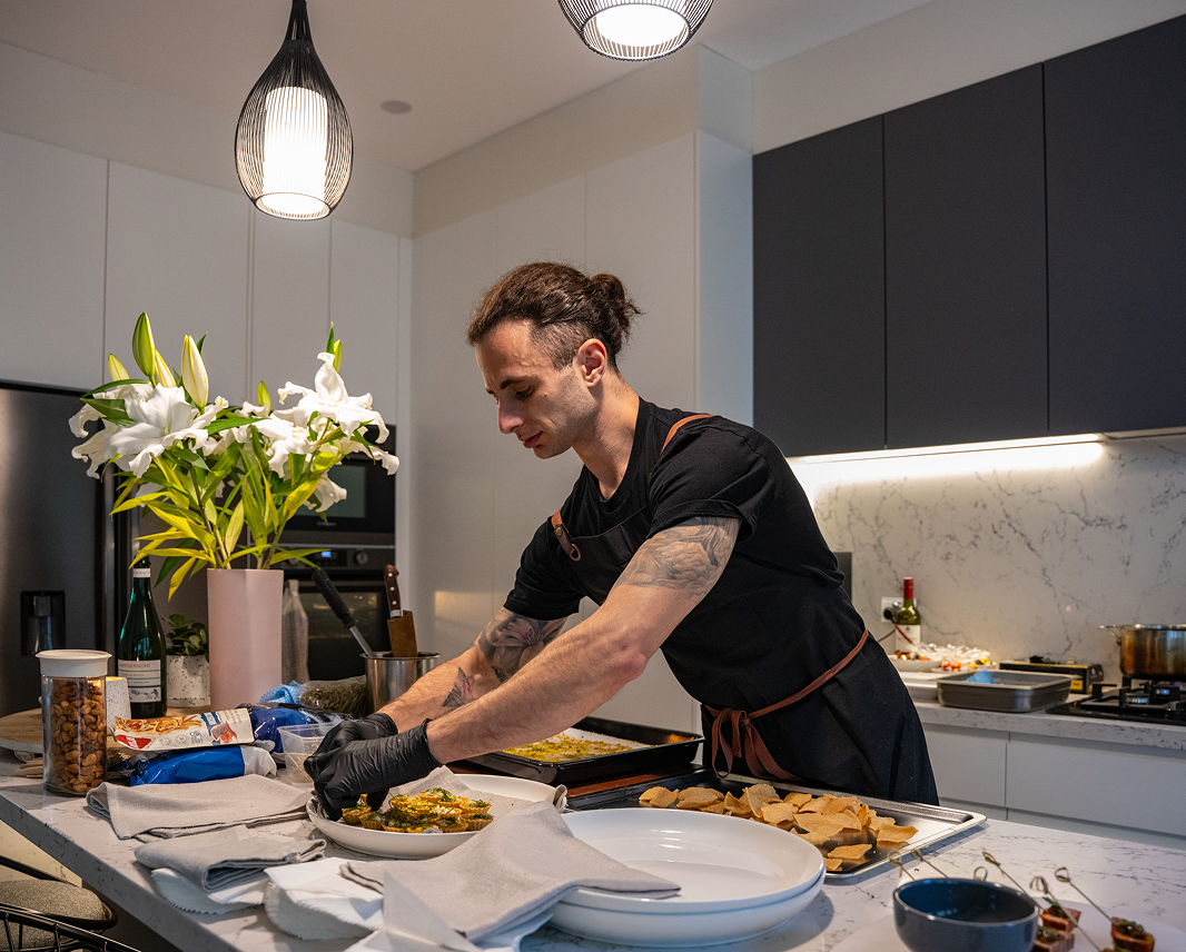 Chef Vinnie preparing entrées for Mosman private chef catering