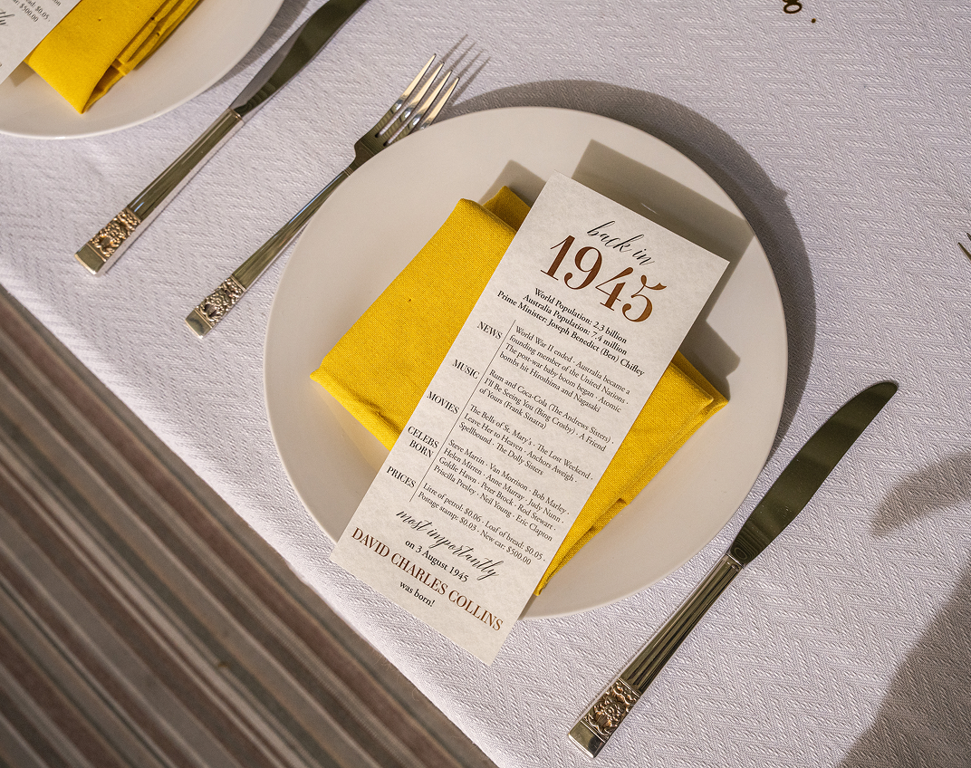 Elegant place setting for 70th birthday catering Surry Hills