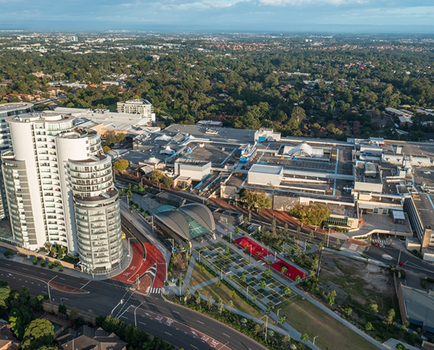 Aerial view of Castle Hill skyline and metro station