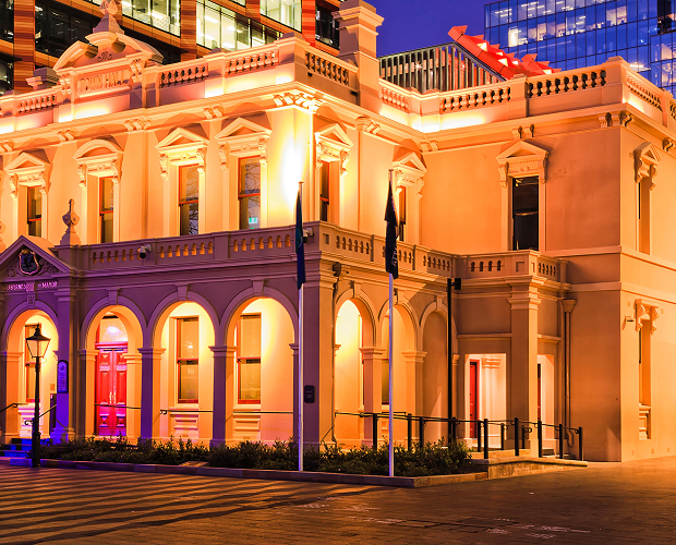 Evening view of Parramatta town hall during catering event