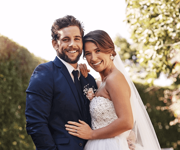 Happy bride and groom smiling at Mosman wedding catering Sydney event