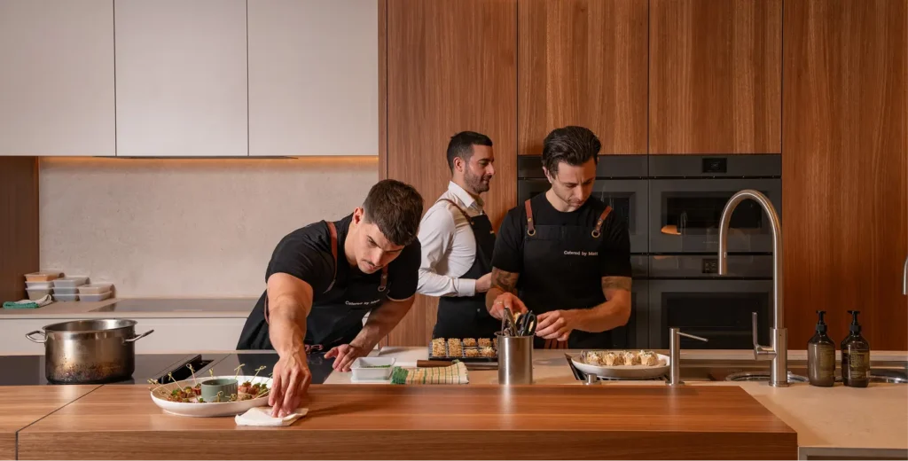 Catered by Matt catering team working through event prep in the kitchen before service begins