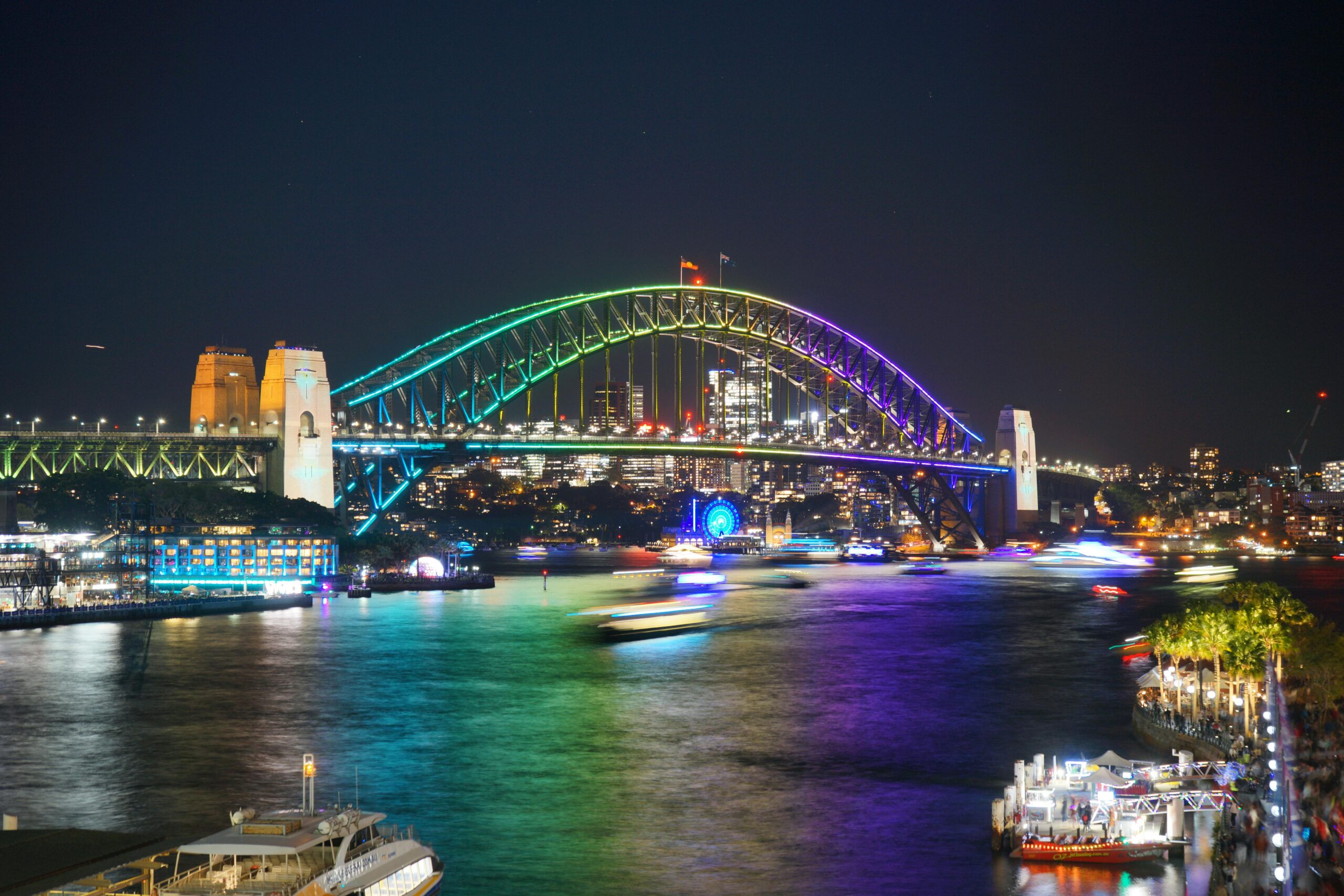 Sydney Harbour Bridge illuminated at night
