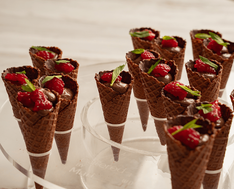 Bridal shower catering Sydney featuring chocolate dessert cones with fresh strawberries