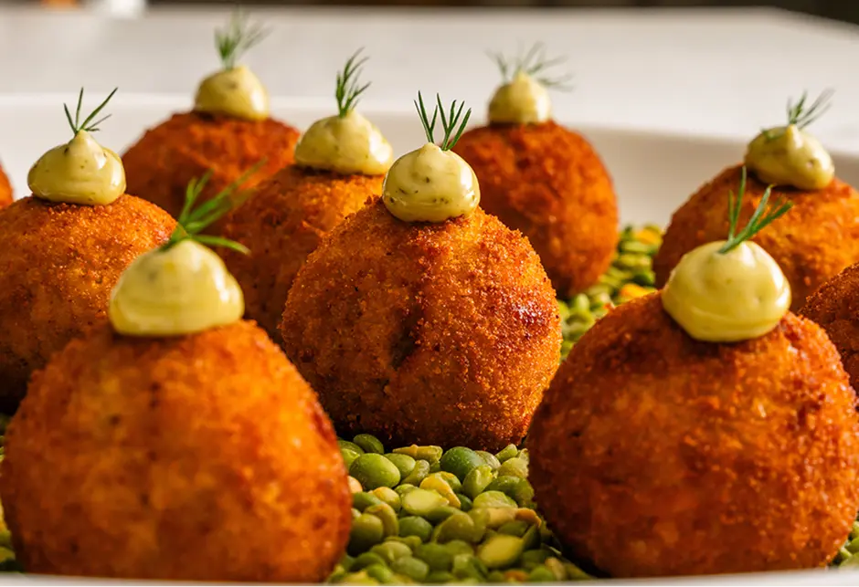 Croquette canapés with aioli served on green peas at a Chatswood event