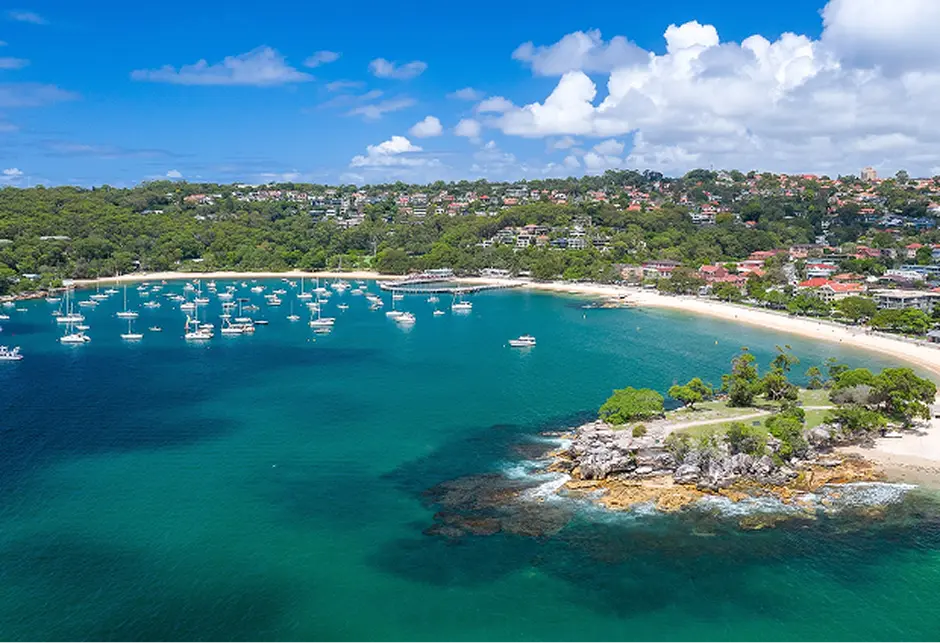 Aerial view of Balmoral Beach and moored boats along the Mosman shoreline
