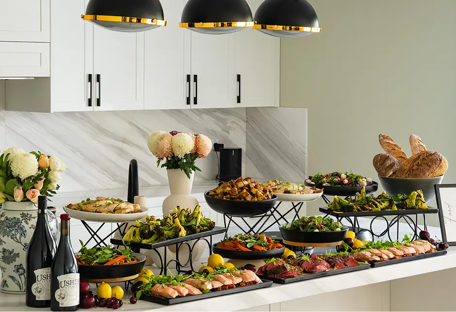 Styled buffet stations of seafood, salads and breads set on a Campbelltown kitchen bench