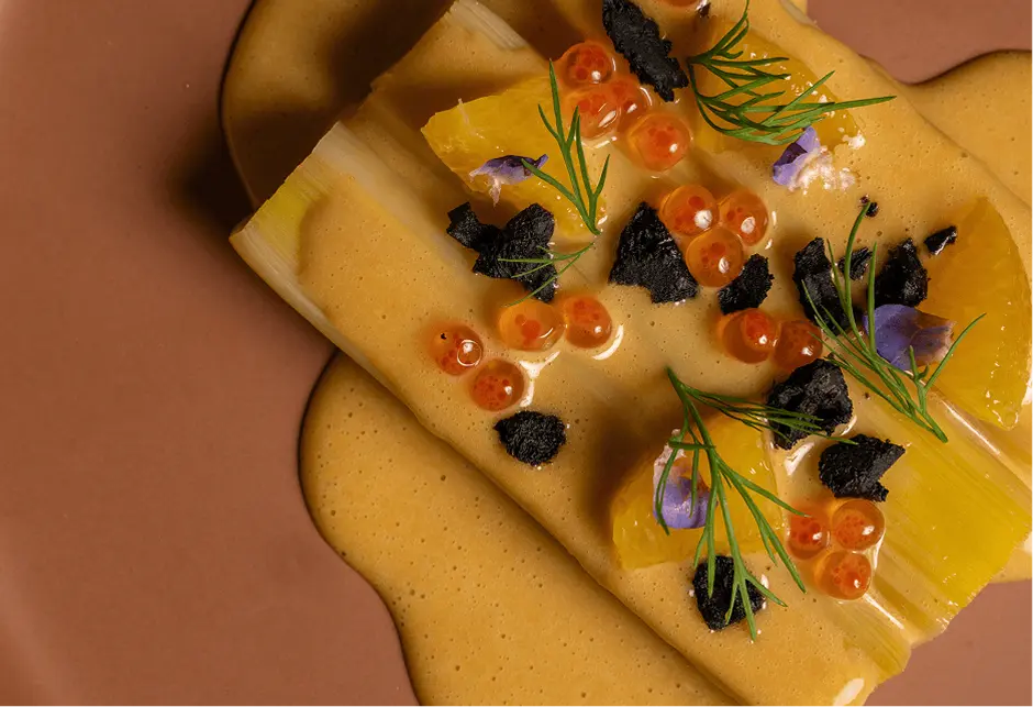 Plated pasta course with salmon roe, caviar and dill for a Chatswood degustation