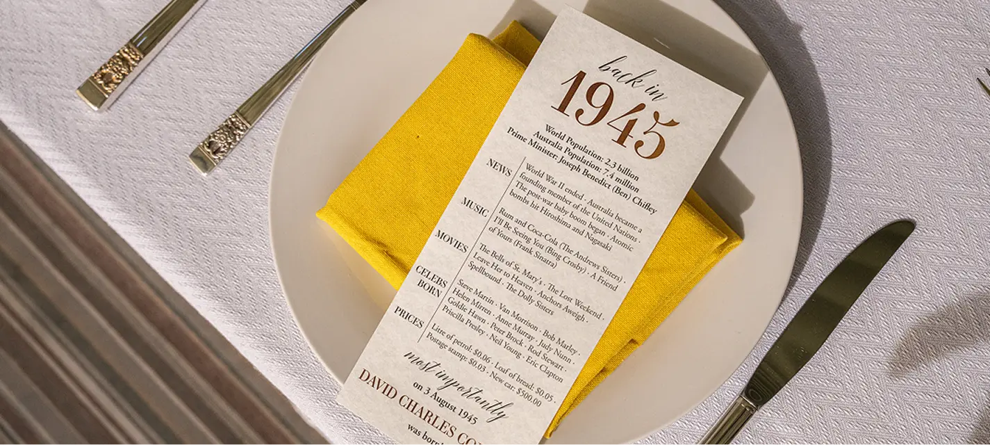 Place setting with a printed 1945 menu card at a Surry Hills milestone birthday