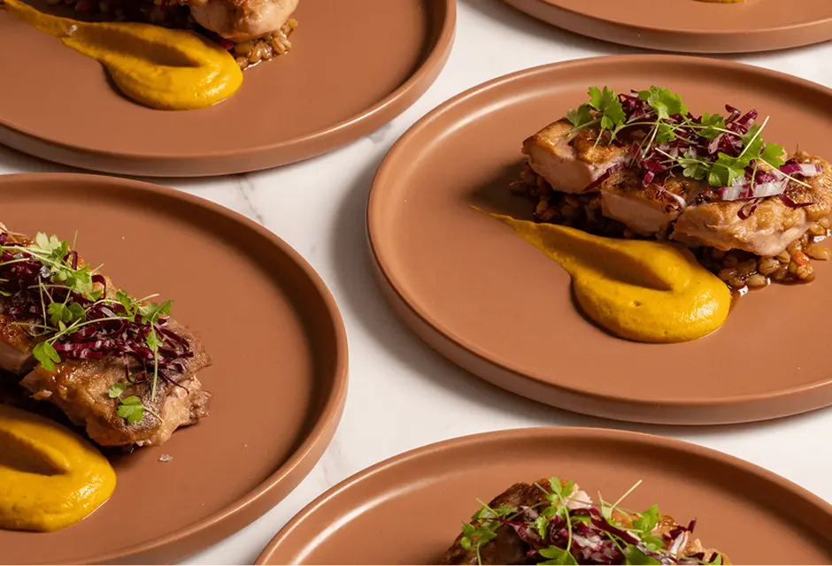 Plated chicken courses with mustard purée and microherbs for a Northern Beaches degustation