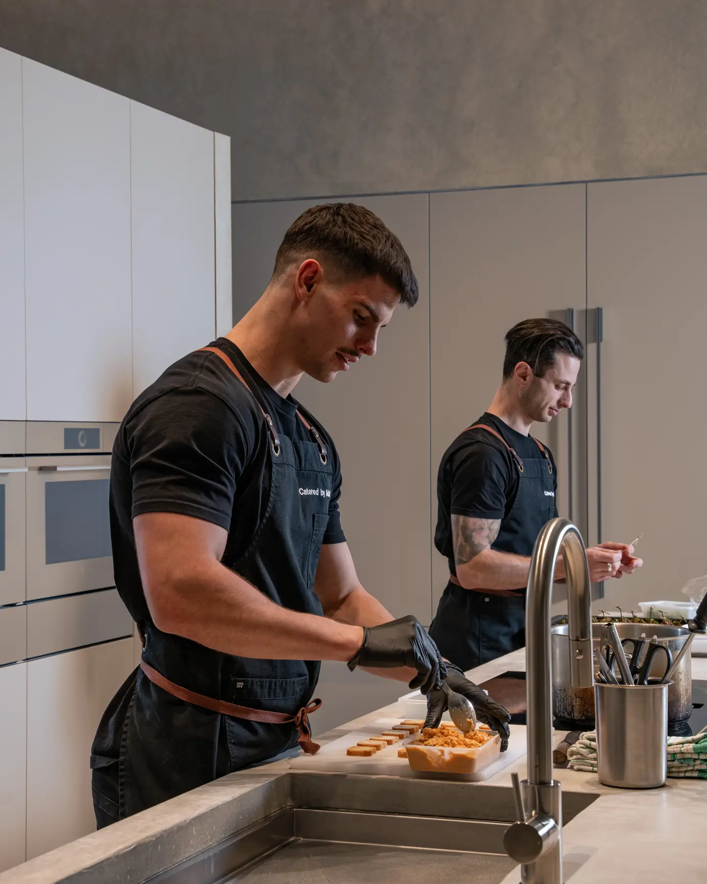 Chefs Matt and Vinnie preparing a private degustation course in an Inner West kitchen