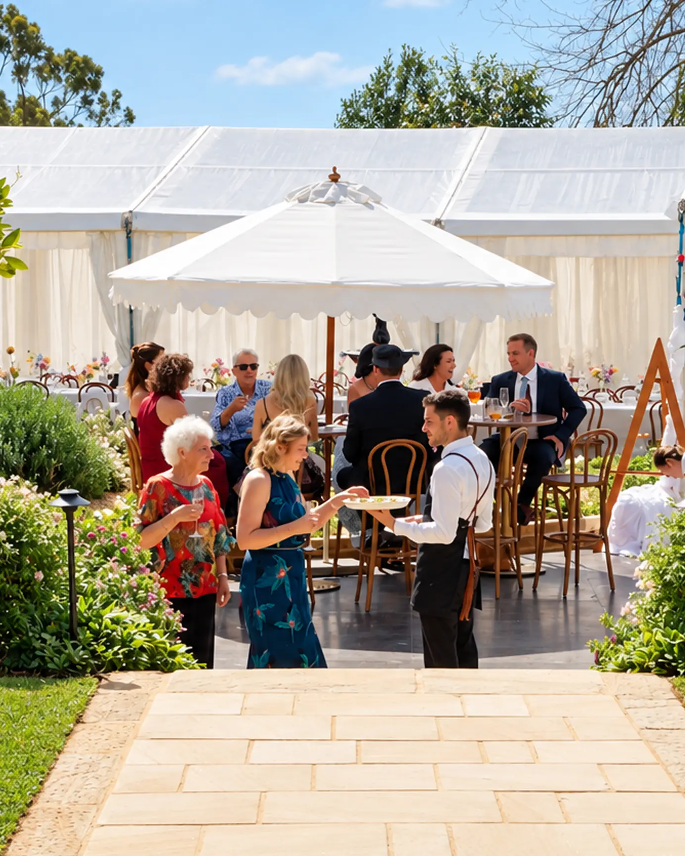 Waiter attending guests at a garden wedding reception in Western Sydney