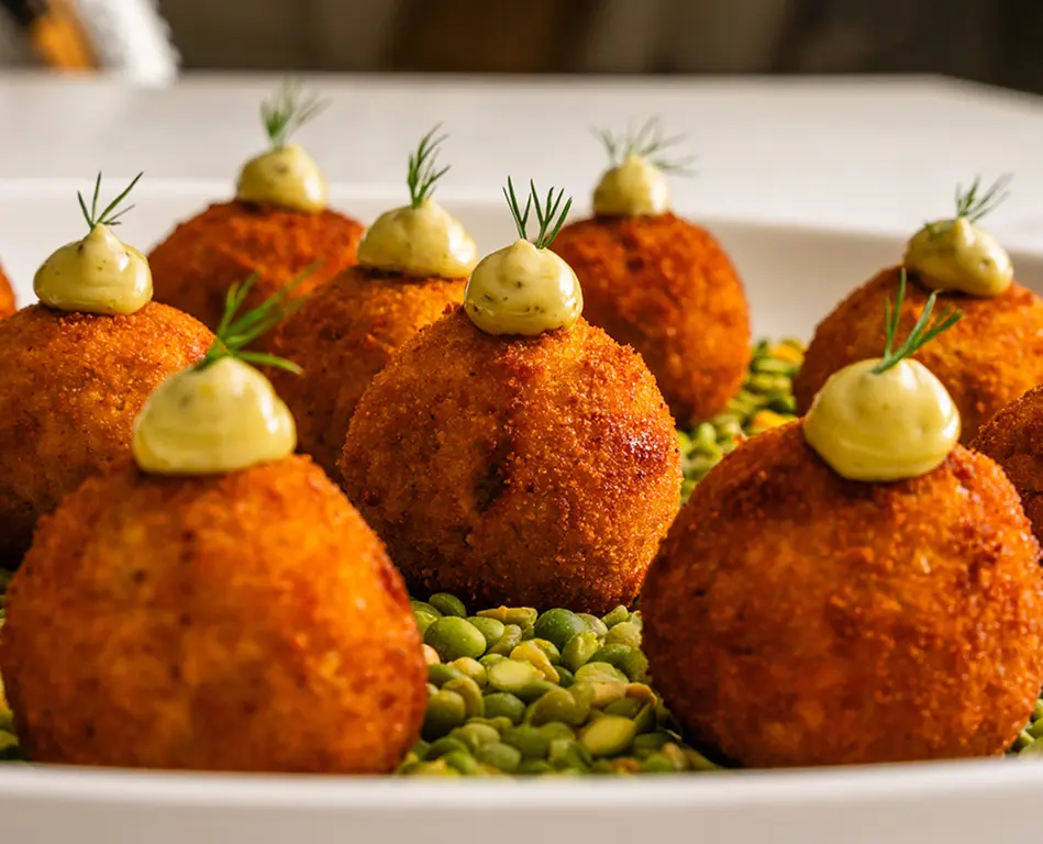 Close-up of croquette canapés topped with aioli for a Penrith event