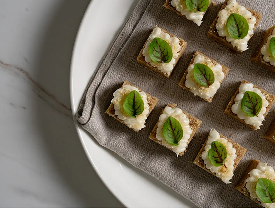 Square canapés piped with soft cheese and topped with basil leaves, arranged on a platter at a Sydney event
