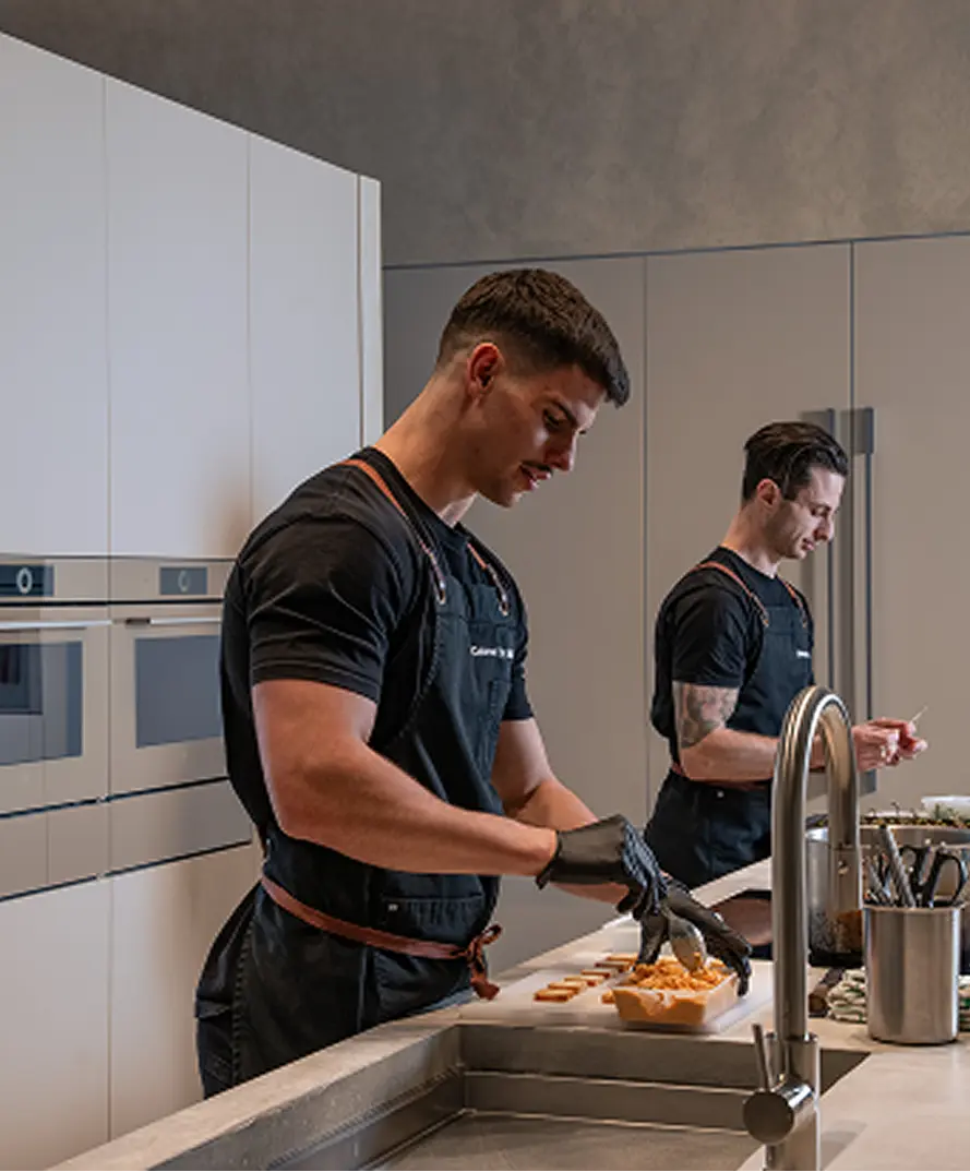 Chefs Matt and Vinnie preparing canapés in the kitchen for a Mosman catering event