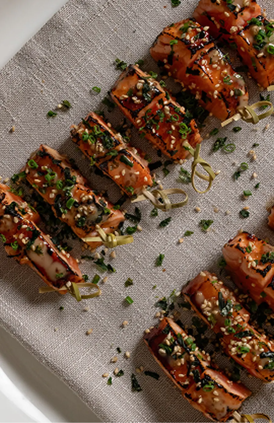 Glazed sesame canapés plated for a Castle Hill cocktail party