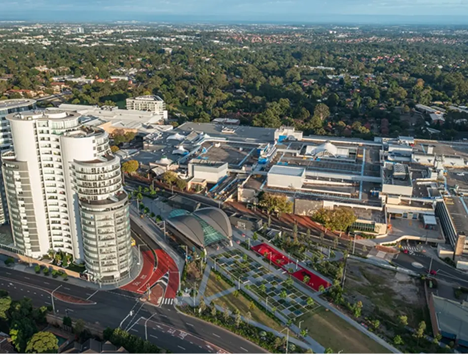 Aerial view of the Castle Hill town centre and surrounding suburbs