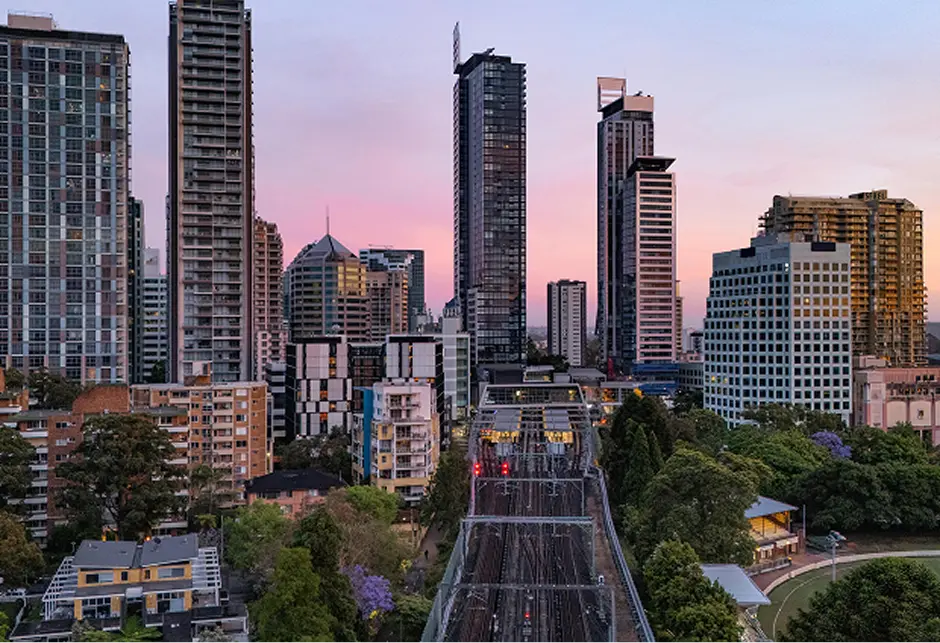 Chatswood high rise towers and the rail line at dusk