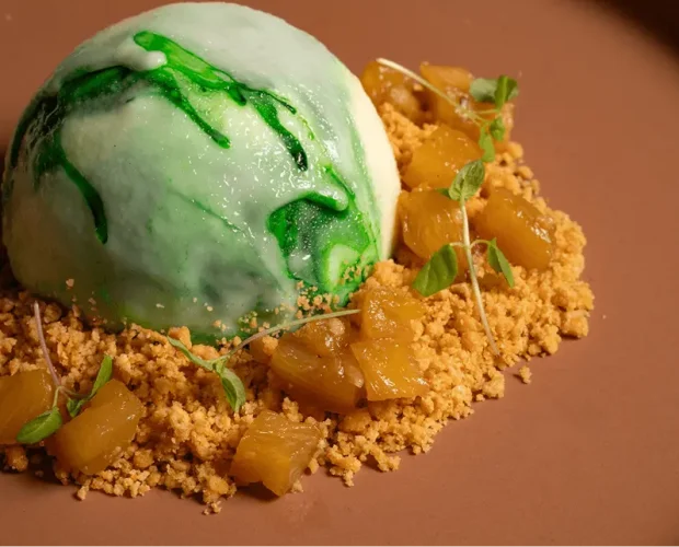 Plated dessert with pineapple and crumb for a Sydney home degustation