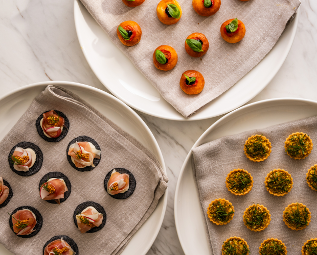 Trio of colourful plated canapés ready for serving by private chef Matt